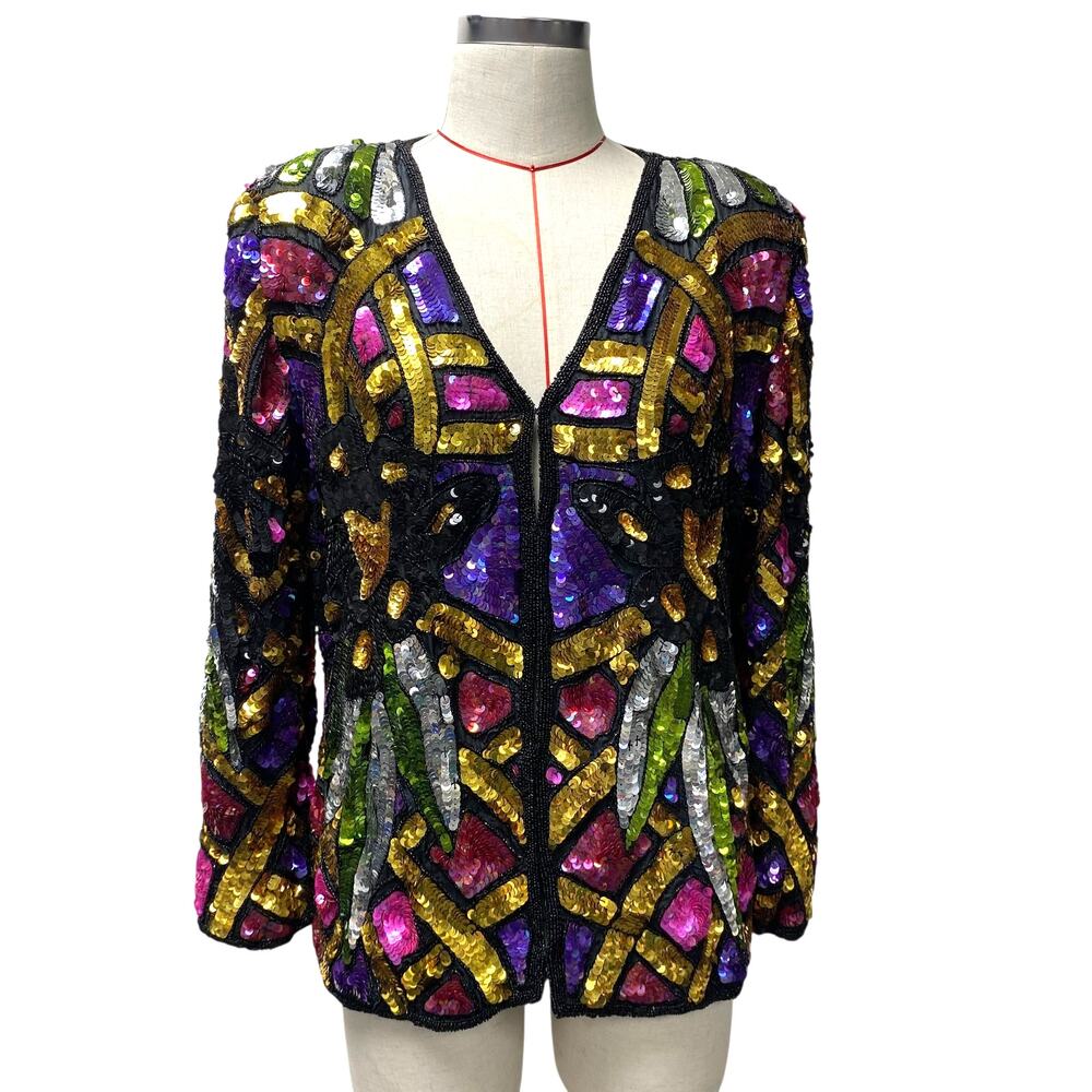 Vintage Joseph Le Bon Sequin Beaded Womens Size M Silk Colorful Jacket